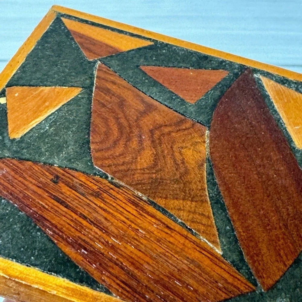 Vintage Wooden Mosaic Coasters Set of 2 Geometric Inlay Wood Decor Home Accent